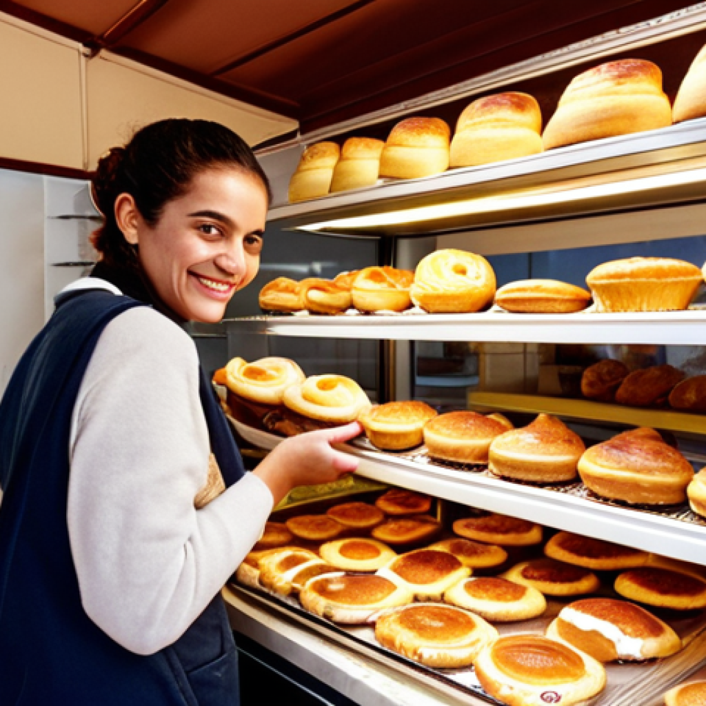 **A warm Portuguese bakery scene:** Capture the cozy interior of a *padaria* (bakery) in Lisbon, Portugal. Focus on fresh *pastel de nata* on display, with a person smiling as they order with a simple "Bom dia!" in the morning light. The scene should evoke a feeling of local warmth and hospitality.