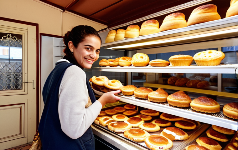 **A warm Portuguese bakery scene:** Capture the cozy interior of a *padaria* (bakery) in Lisbon, Portugal. Focus on fresh *pastel de nata* on display, with a person smiling as they order with a simple "Bom dia!" in the morning light. The scene should evoke a feeling of local warmth and hospitality.