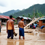 A poignant, realistic scene in a Malaysian village after a major flood. Villagers, including various Malaysian ethnicities, are actively engaged in 'gotong-royong' (communal help), collaboratively clearing mud and debris from homes, sharing food, and helping neighbors. There's a visible sense of community, resilience, and determination despite the physical damage to houses and surroundings. The scene should convey human warmth and a spirit of unity amidst adversity, with improving weather conditions hinting at recovery.