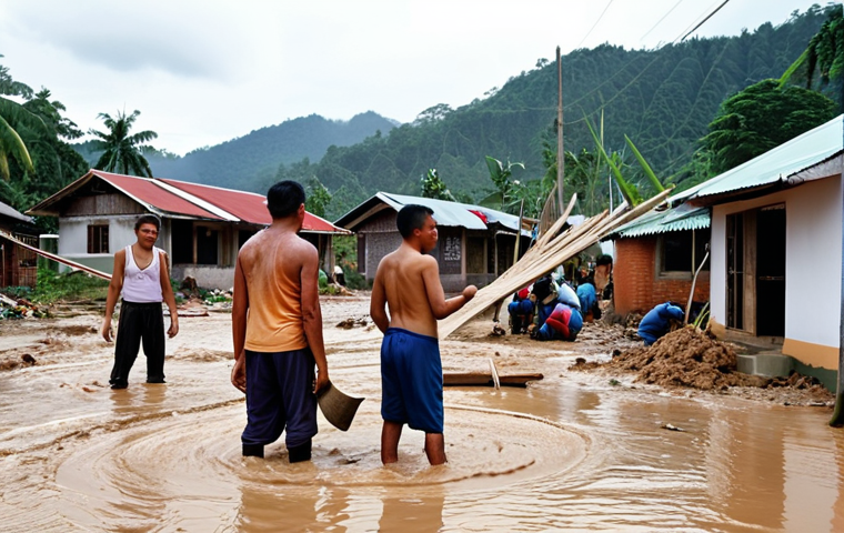 A poignant, realistic scene in a Malaysian village after a major flood. Villagers, including various Malaysian ethnicities, are actively engaged in 'gotong-royong' (communal help), collaboratively clearing mud and debris from homes, sharing food, and helping neighbors. There's a visible sense of community, resilience, and determination despite the physical damage to houses and surroundings. The scene should convey human warmth and a spirit of unity amidst adversity, with improving weather conditions hinting at recovery.
