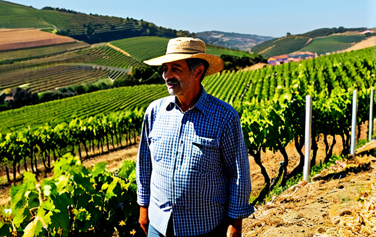 **

"A Portuguese farmer, fully clothed in appropriate farming attire, inspecting a healthy vineyard. Rolling hills of vineyards in the background, under a bright, sunny sky. Focus on sustainable agriculture practices. Safe for work, appropriate content, professional photography, perfect anatomy, natural proportions, family-friendly, fully clothed, modest clothing."

**