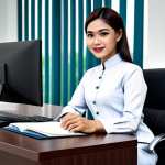 A professional businesswoman in a modest baju kurung, sitting at a desk in a modern office in Kuala Lumpur, fully clothed, appropriate attire, safe for work, perfect anatomy, natural proportions, professional photography, high quality.