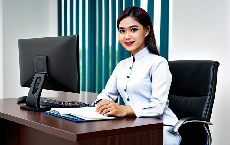 A professional businesswoman in a modest baju kurung, sitting at a desk in a modern office in Kuala Lumpur, fully clothed, appropriate attire, safe for work, perfect anatomy, natural proportions, professional photography, high quality.
